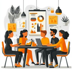 Business Team Brainstorming: A diverse team of professionals gathers around a table, analyzing data and brainstorming ideas, fostering collaboration and innovation in a vibrant and dynamic work enviro