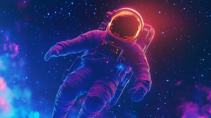 Neon Astronaut Floating in Space. Retrowave Digital Art