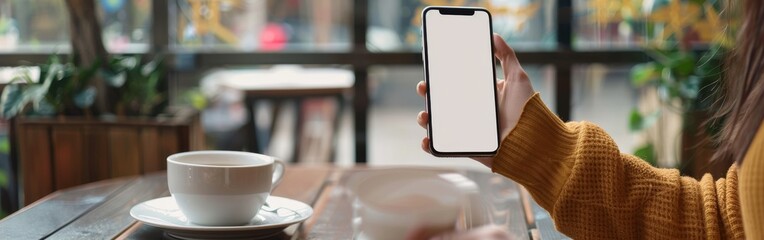 Canvas Print - Woman hand holding using mockup mobile phone at coffee shop online marketing