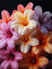 A vibrant close-up of azalea blossoms adorned with droplets, perfect for spring or summer event invitations and floral designs. Design for Wall Art, Poster Print, Wallpaper & Background