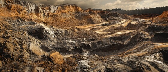 Ecological damage from gold mining featuring eroded soil, barren landscapes, and displaced wildlife, showcasing the dramatic shift from healthy ecosystems to industrial wastelands