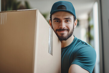 man wearing a green hat and a green shirt is holding a cardboard box. He is smiling and he is happy