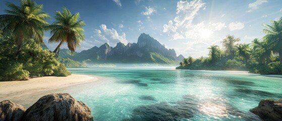 Wall Mural - Hyperrealistic Tropical Island with Glowing Lagoons