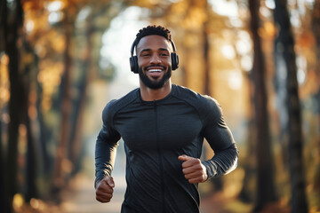 Sticker - man is running in a forest with headphones on. He is smiling and he is enjoying himself