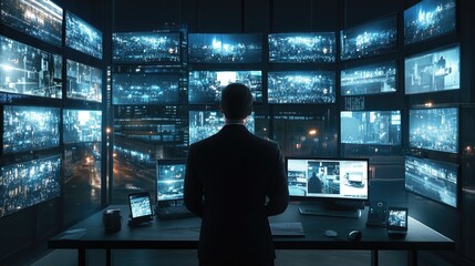 Poster - Central control room with a security guard observing live surveillance feeds, ensuring real-time protection.