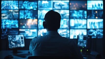 Poster - Central control room with a security guard observing live surveillance feeds, ensuring real-time protection.