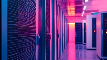 Poster - rows of sophisticated air conditioning units in a modern high tech data center provide efficient cli