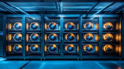 Poster - efficient server infrastructure in a sophisticated data center rows of server racks with cooling fan