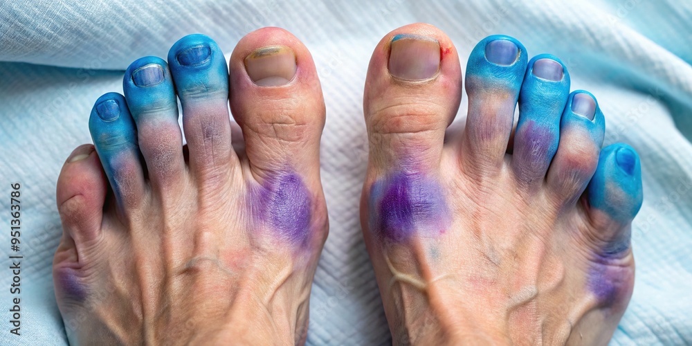 Discolored toes in shades of blue and purple due to reduced blood flow ...