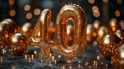 Gold foil balloon number, digit forty. Birthday greeting card with inscription 40th. Anniversary celebration event. Banner. Golden numeral, black background. Numerical digit, light bokeh, glitter