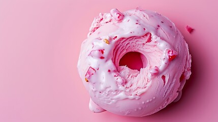 A view of ice cream in the shape of a bagel against a vivid pink