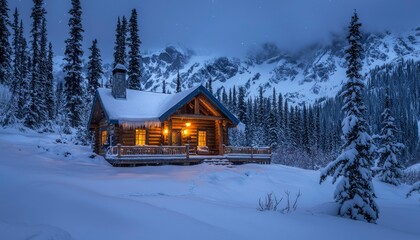 Wall Mural - Cozy Cabin in a Snowy Mountain Landscape with a Starry Sky