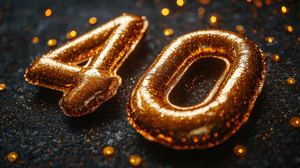 Gold foil balloon number, digit forty. Birthday greeting card with inscription 40th. Anniversary celebration event. Banner. Golden numeral, black background. Numerical digit, light bokeh, glitter