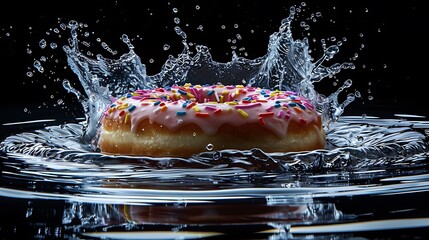 A water splash surrounds a glazed and sprinkled donut set against a black backdrop