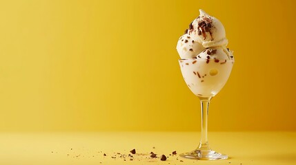 A white ice cream glass with chocolate on a yellow backdrop