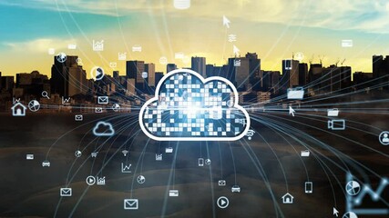 Fototapete - Composite concept of modern society and cloud computing. Digital transformation. System engineering.