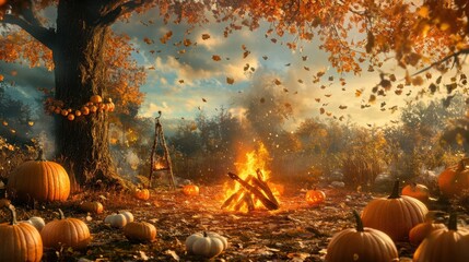 Wall Mural - Enchanting Autumn Landscape with Bonfire and Pumpkins