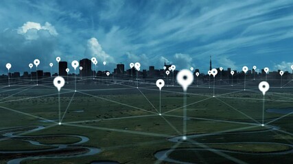 Poster - Composite concept of modern society and location information. Digital transformation. Communication network.