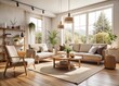 © kittipon - airy Scandinavian minimalist open concept living room morning light beige accents natural textures sleek lines
