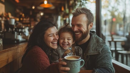 Happy Family Enjoying Coffee Together in a Cafe