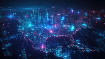 Poster - A futuristic digital map of North America with glowing cityscapes and technological elements,