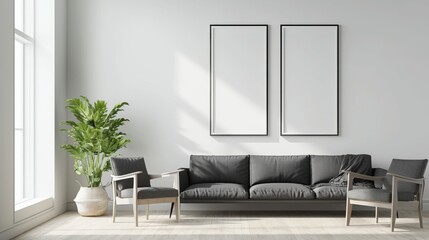 Interior Featuring Black Sofa, Armchair, Coffee Table, and Three Blank Frame Mockups on the Wall. Minimalist Style with Copy Space on the Side