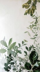 Sticker - abstract primitive leaves mural centered on white wall green tones 