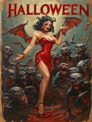 Canvas Print - female demon in hell on halloween. inscription 