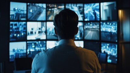 Real-time security monitoring at a central control panel, with a security guard overseeing the footage for safety.