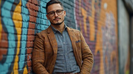 Wall Mural - A stylish man in a plaid jacket stands against a graffiti wall, blending fashion with street art.