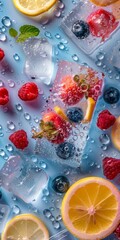 Wall Mural - there is an ice block with water drops on it and colorful fruits inside. 