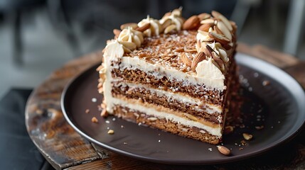 Almond joy cake on an antique bar table with coconut and pistachios on a black plate