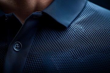 Close-up of a textured dark shirt with a button, showcasing fabric detail in a stylish and modern design.