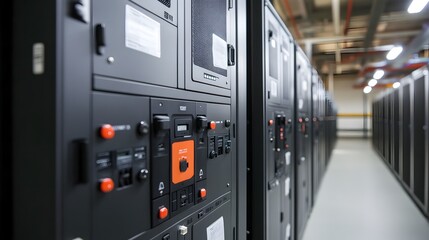 Close up view of power distribution units PDUs installed in a data center environment showcasing the electrical sockets cables