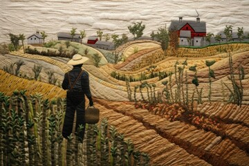 Poster - Farmer harvesting agriculture landscape outdoors.