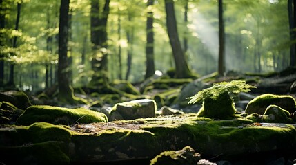 Poster - a forest with mossy rocks and trees. 