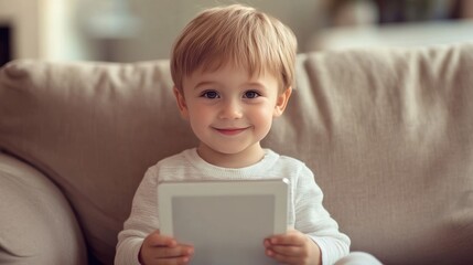 Boy smiles with home tech.