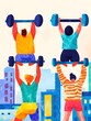 © Wuttichai - Diverse Group of People Lifting Weights in Motivational Urban Workout Banner with Bold Brushstrokes and Cubist Inspired Saturated Hues