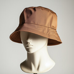 Wall Mural - mockup blank brown bucket hat on mannequin head, white background, Ai Generated Images