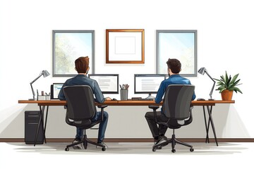 Two coworkers working together at desks in office environment