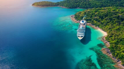 Poster - A wide-angle view of a cruise ship sailing past a tropical island, with clear turquoise waters and lush greenery in the distance, highlighting the ship journey in paradise