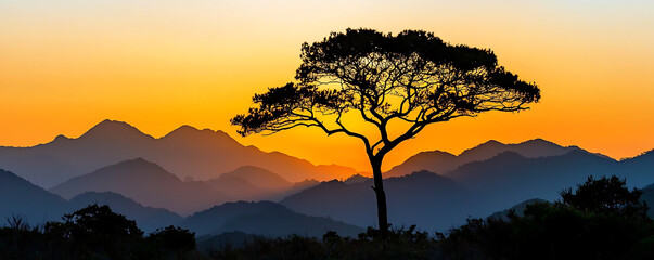 Wall Mural - A breathtaking view of a solitary tree's silhouette standing against the backdrop of a vivid sunset over mountain ranges