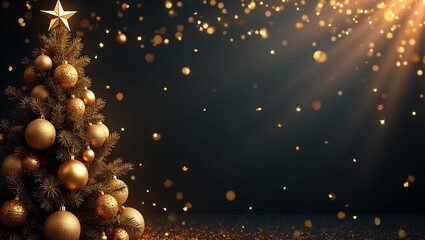 Luxury New Year’s Eve 2025 Banner, A banner design with elegant gold, black, and white colors, featuring Christmas tree and ornaments, confetti with copy space.