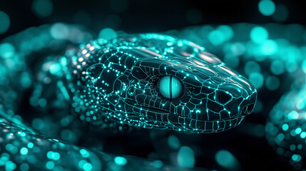 A digital snake symbolizing Python automation, surrounded by code and data streams.