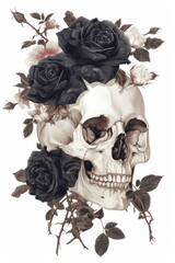 Poster - A japanese Skull with black roses art pattern drawing.