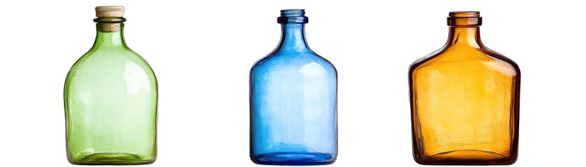 Wall Mural - Recycled Glass Bottles in Blue, Green, and Brown Colors. Isolated on a Transparent Background. Cutout PNG.