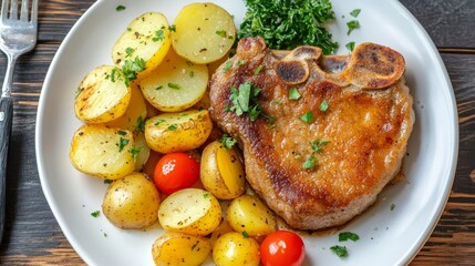 Wall Mural - Fried chop, boiled potatoes, salad