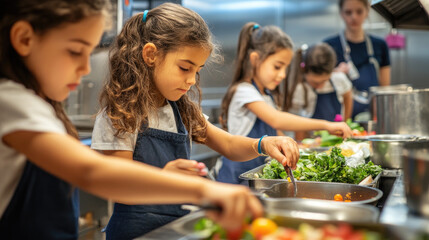 Canvas Print - Children in aprons making food together, a group of kids cooking and serving healthy dishes at a school kitchen table with a chef watching over them. 