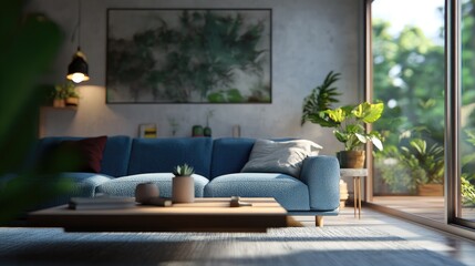 Modern living room with blue sofa, potted plants, a coffee table, and a large window overlooking a lush green garden.