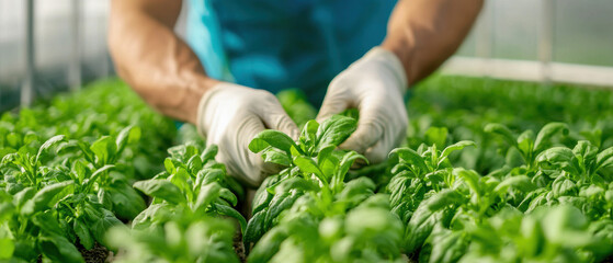 Sticker - A man wearing gloves is tending to a field of green plants